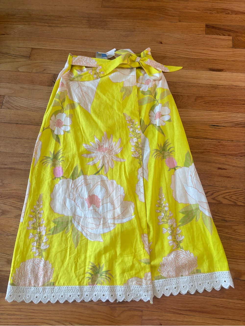 FARM Rio by Anthropologie S Yellow Floral Tie-Waist Midi Wrap Garden Linen Skirt